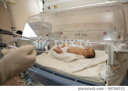Neonatology. A newborn in a special incubator for babies in a hospital. 98706531