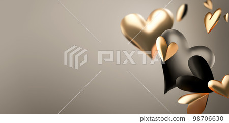 Romantic Card Background with 3D Gold and Black Flying Hearts with Space for Your Text 98706630