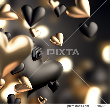 Romantic Card Background with 3D Gold and Black Flying Hearts 98706632