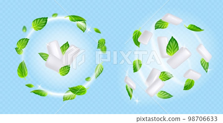 Swirls of chewing gums and mint leaves 98706633