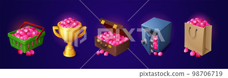 Piles of pink gemstones in bag, gold cup, suitcase 98706719