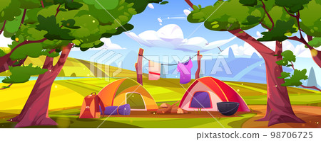 Summer camping scene with tents, hills and forest 98706725