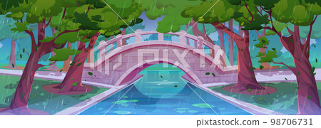 Summer rainy park landscape with bridge over pond Summer rainy park landscape with bridge over pond 98706731