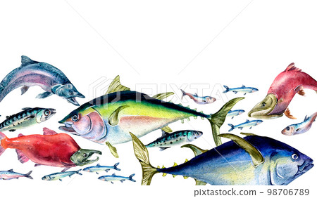 Banner of various sea fish swimming watercolor illustration isolated on white. 98706789