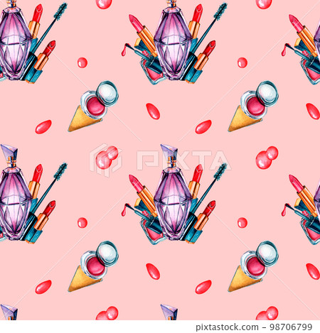 Make up cosmetic, perfume watercolor seamless pattern isolated on pink background. 98706799