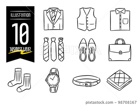 Set of 10 hand-drawn style pop icon illustrations with business wear motifs Set of 10 hand-drawn style pop icon illustrations with business wear motifs 98708167