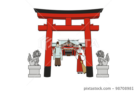 從正面看到的帶有輪廓的神社插圖 98708981