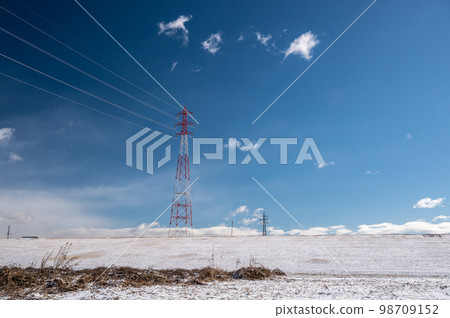 白雪覆蓋的淀川堤防和輸電線路塔 白雪覆蓋的淀川堤防和輸電線路塔 98709152