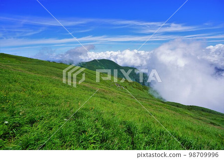 Higashi-Kariba trail with the grassland mountain trail at the summit of Kariba and the blue sky Higashi-Kariba trail with the grassland mountain trail at the summit of Kariba and the blue sky 98709996