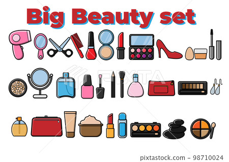 Big set of beauty and makeup icons: cosmetics, creams, lipstick, nail polish, scissors, powder isolated on a white background. Vector illustration Big set of beauty and makeup icons: cosmetics, creams, lipstick, nail polish, scissors, powder isolated on a white background. Vector illustration 98710024