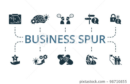Business Spur icon set. Monochrome simple Business Spur icon collection. Tactics, Brain Storm, Communication, Solution, Problem Solving, Opportunity, Realization, Team Spirit, Persistence, Keep Going 98710855