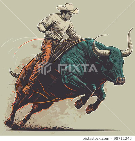 pawn in a hat mounted on a horned cow 98711243