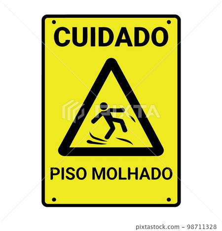 Warning sign with text "caution wet floor" in portuguese 98711328