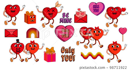 Groovy Valentine Day icon sticker set trendy vintage 70s 98711922