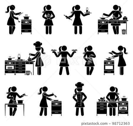 Stick figure woman making breakfast, lunch, dinner vector icon set. Stickman person cooking at home restaurant kitchen Stick figure woman making breakfast, lunch, dinner vector icon set. Stickman person cooking at home restaurant kitchen 98712363