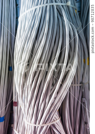 detail of large number of ethernet cables tied together connecting racks inside server room 98712835