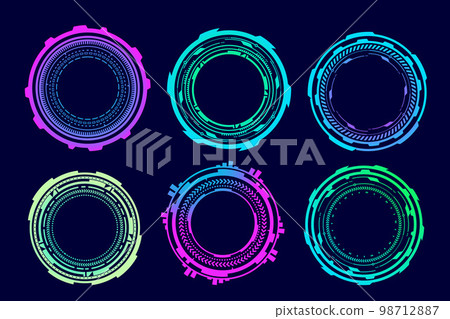 HUD futuristic elements. Abstract optical neon aim. Circle geometric shapes for virtual interface and games. Camera viewfinder for sniper weapon. Vector set HUD futuristic elements. Abstract optical neon aim. Circle geometric shapes for virtual interface and games. Camera viewfinder for sniper weapon. Vector set 98712887