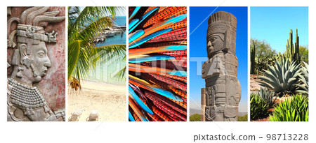 Collection of vertical banners with scenes and landmarks of Mexico -  cactus garden, sunny beach, bas-relief of mayan king Pakal, atlantean in Tula 98713228