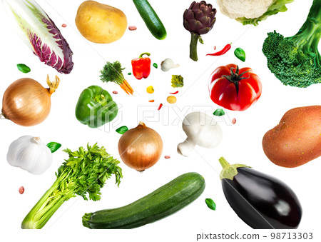 Collection of tasty fresh vegetables mix flying on an isolated white background. 98713303