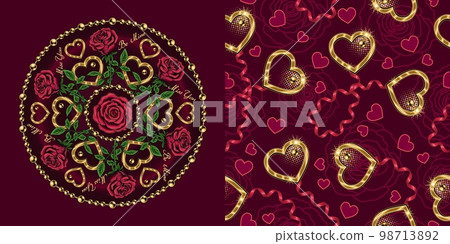Set of round ornament, seamless pattern for wedding, engagement event, Valentines Day, gift decoration. Roses, golden heart, ribbons, beads on dark red background. Vintage style 98713892