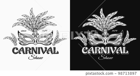 Carnaval label with masquerade mask, feathers, jewelry chains, text Carnival show. For prints, clothing, t shirt, surface design. Vintage style Carnaval label with masquerade mask, feathers, jewelry chains, text Carnival show. For prints, clothing, t shirt, surface design. Vintage style 98713897