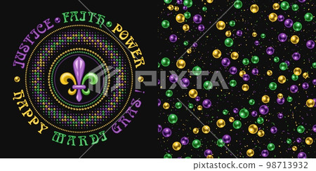 Set of round label, seamless pattern for Mardi gras carnival decoration. Fleur de lis, scattered beads, text on dark background. For prints, clothing, t shirt, holiday goods, stuff Set of round label, seamless pattern for Mardi gras carnival decoration. Fleur de lis, scattered beads, text on dark background. For prints, clothing, t shirt, holiday goods, stuff 98713932