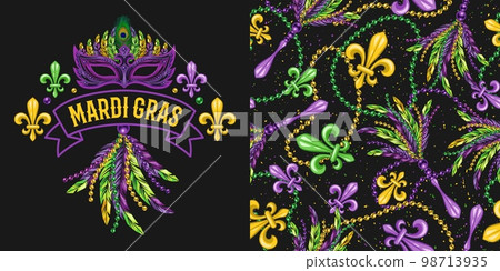 Set of label, seamless pattern for Mardi gras carnival decoration. Set of label, seamless pattern for Mardi gras carnival decoration. 98713935