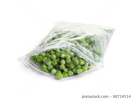 Frozen peas in plastic bag isolated on white. Vegetable preservation 98714514