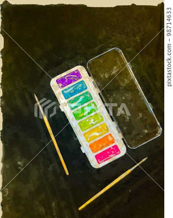 Digital watercolor art kids paint box open with brushes on black background 98714633