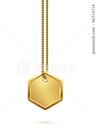 Empty hexagon gold military or dogs badge hanging on steel chain. Vector army object isolated on white background. Pendant with blank space for identification, blood type in case of injury 98714714