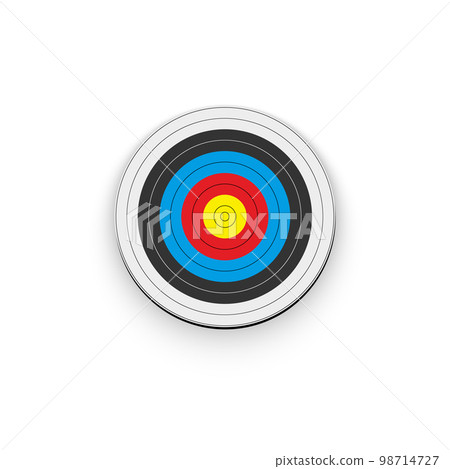3d archery target, front view vector illustration. Realistic isolated empty round dartboard with yellow center bullseye, red, black and blue rings to hit with archers darts or arrows 98714727