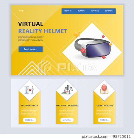 Virtual reality helmet flat landing page website template. Teleportation, machine learning, smart glasses. Web banner with header, content and footer. Vector illustration. 98715011