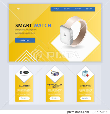 Smart watch flat landing page website template. Smart lens, virtual reality helmet, 3d printer. Web banner with header, content and footer. Vector illustration. 98715033