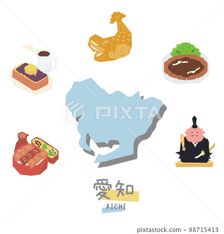 Gourmet tourism icon set of Aichi prefecture in Japan (flat) 98715413