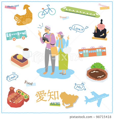 在日本愛知縣享受美食觀光的一組老年夫婦和旅行者的偶像 在日本愛知縣享受美食觀光的一組老年夫婦和旅行者的偶像 98715418