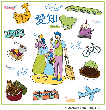 A set of icons with a family of tourists who enjoy gourmet sightseeing in Aichi Prefecture, Japan (line drawing) A set of icons with a family of tourists who enjoy gourmet sightseeing in Aichi Prefecture, Japan (line drawing) 98715419