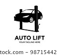 Car lifting logo design. Car on a wheel alignment lift in auto service. Diagnosis of the chassis of the car raised at the elevator vector design and illustration. 98715442
