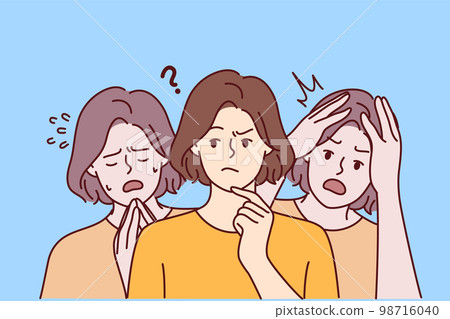 Young thoughtful woman near girls experiencing shock after psychological upheavals. Vector image 98716040