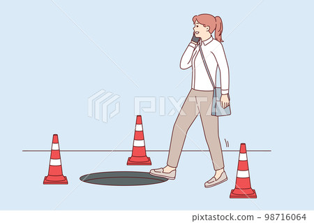 Careless woman walking talking on phone risks falling into hatch due to inattention. Vector image Careless woman walking talking on phone risks falling into hatch due to inattention. Vector image 98716064