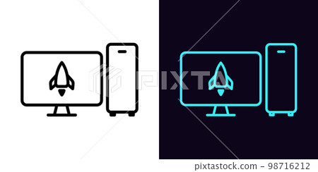 Outline gaming pc icon, with editable stroke. System unit and monitor screen frame with rocket sign, computer capacity test pictogram. Accelerate system, high game performance. Outline gaming pc icon, with editable stroke. System unit and monitor screen frame with rocket sign, computer capacity test pictogram. Accelerate system, high game performance. 98716212