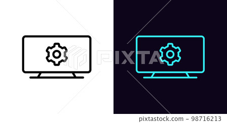 Outline television icon, with editable stroke. TV screen frame with gear sign, television settings pictogram. Broadcast video setting control, display adjustment, tv channel configuration. Outline television icon, with editable stroke. TV screen frame with gear sign, television settings pictogram. Broadcast video setting control, display adjustment, tv channel configuration. 98716213