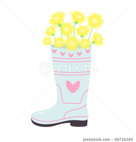 Rubber boot with a bouquet of dandelions. Gardening and spring concept. 98716284