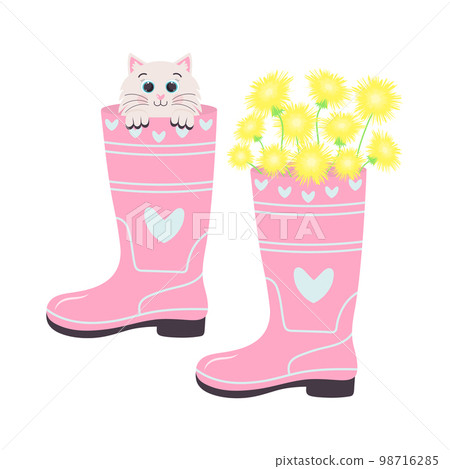 Spring garden rubber boots with a bouquet of dandelions and a cute kitty with big eyes sitting inside the boot. Gardening and spring concept. Spring garden rubber boots with a bouquet of dandelions and a cute kitty with big eyes sitting inside the boot. Gardening and spring concept. 98716285
