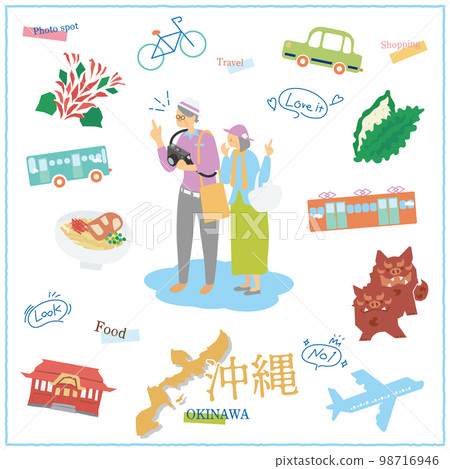 A set of senior couples and icons of tourists who enjoy gourmet sightseeing in Okinawa Prefecture, Japan 98716946
