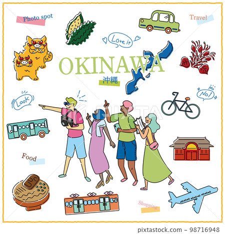 A set of tourists and icons who enjoy gourmet sightseeing in Okinawa Prefecture, Japan (line drawing) A set of tourists and icons who enjoy gourmet sightseeing in Okinawa Prefecture, Japan (line drawing) 98716948