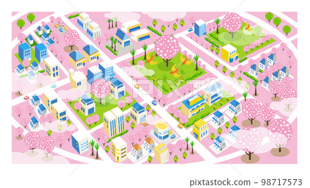 A beautiful spring cityscape and scenery of life with cherry blossoms. Urban development that blends nature and houses where people can live brightly. 98717573