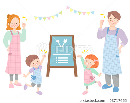 Illustration of a family in an apron and a simple signboard 98717663