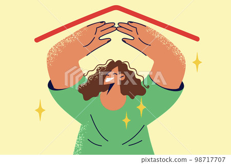 Smiling woman under imaginary rooftop  98717707