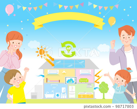 Image of eco-house and smiling family 98717803