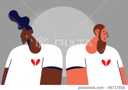 Unhappy multiethnic couple cry after breakup  98717808